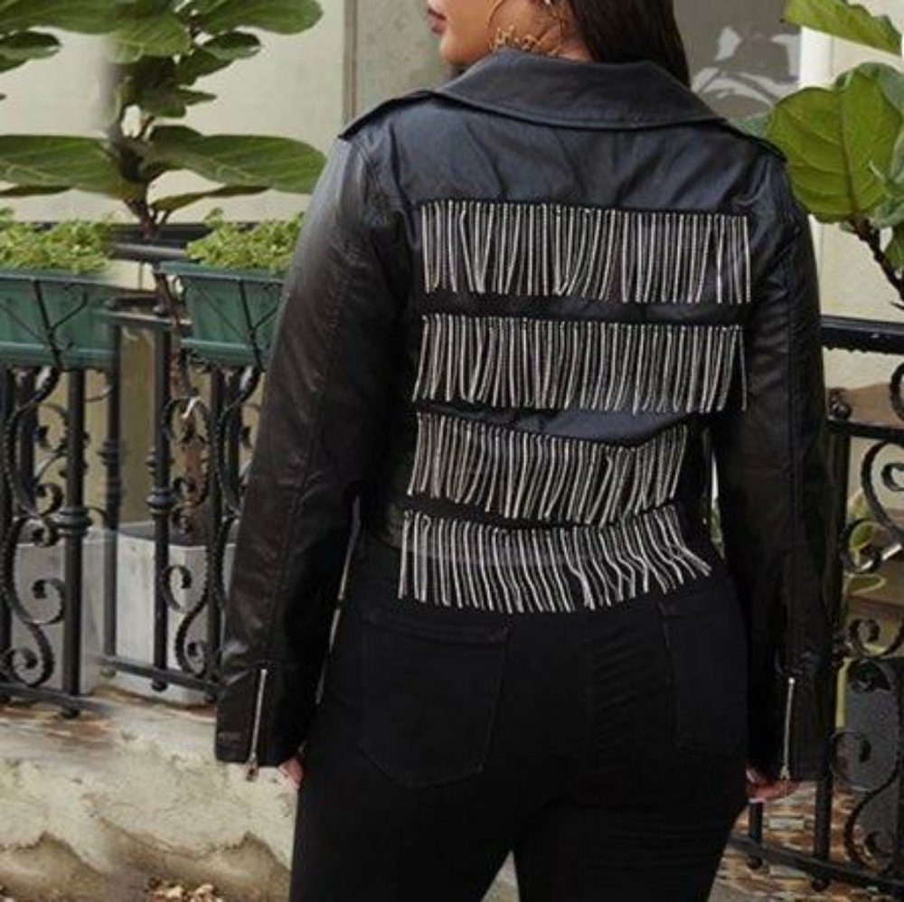 Rhinestones Fringe Moto Jacket